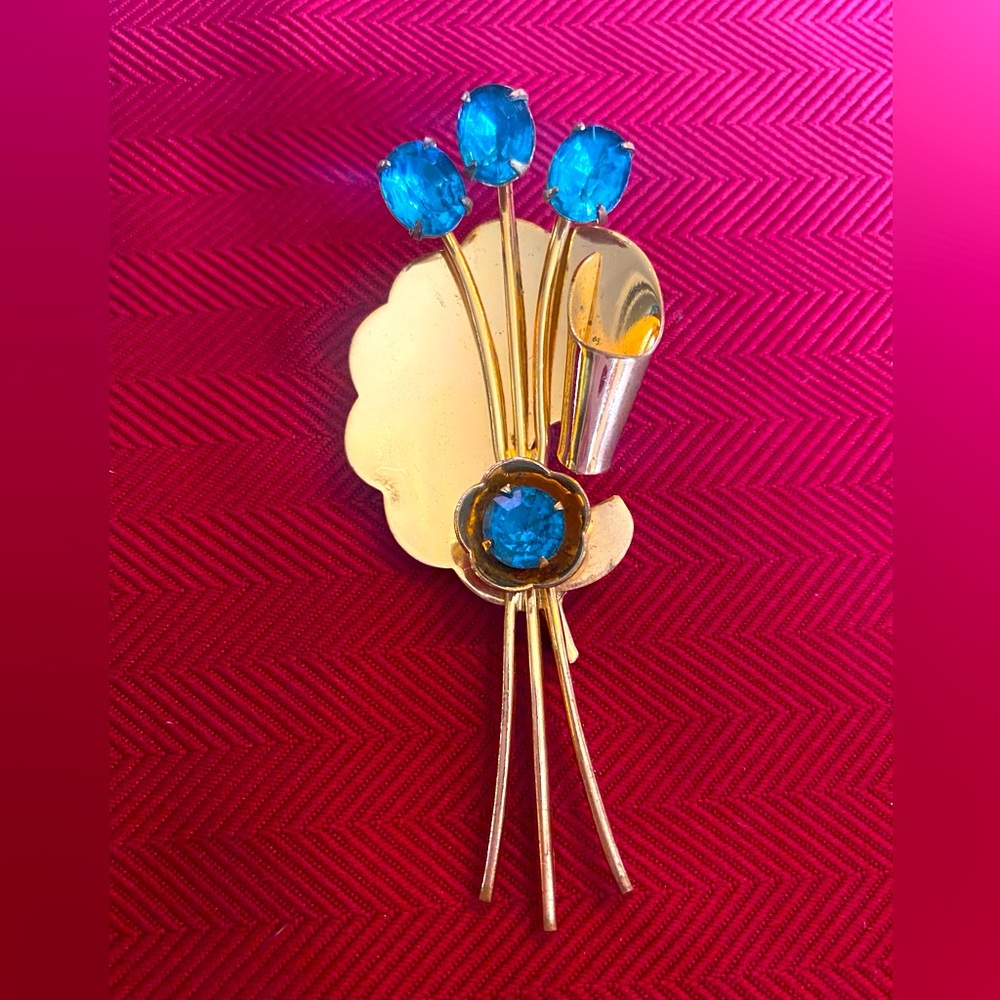 Coro Aqua Rhinestone Floral Brooch